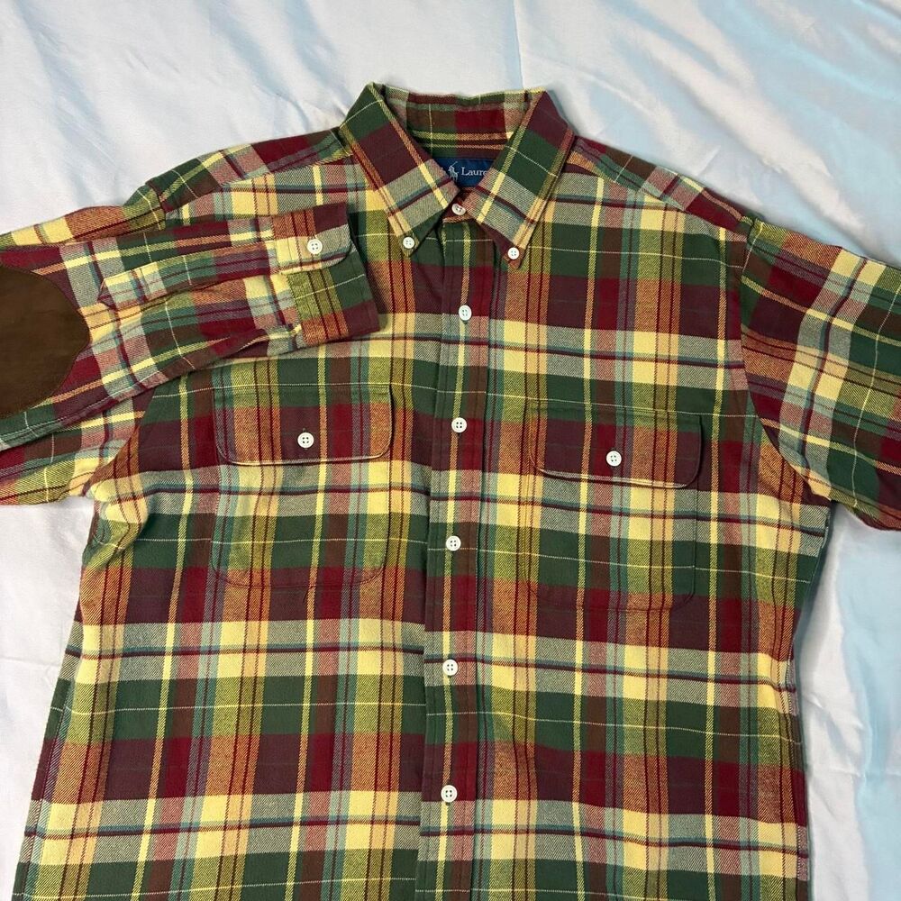 Ralph Lauren Plaid Flannel Shirt Men’s M Green Red Yellow Elbow Patch Button Up